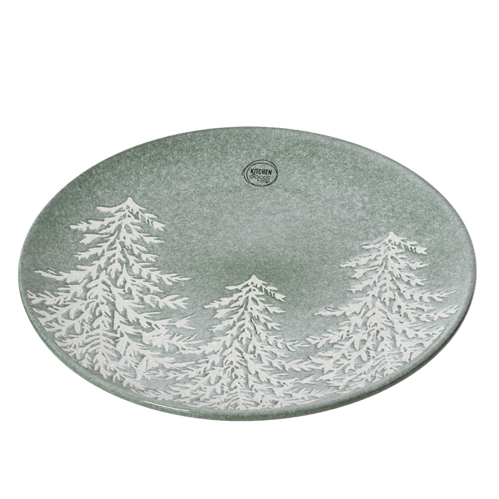 Assiette plate en grès, avec décors sapins, coloris vert - D.27cm