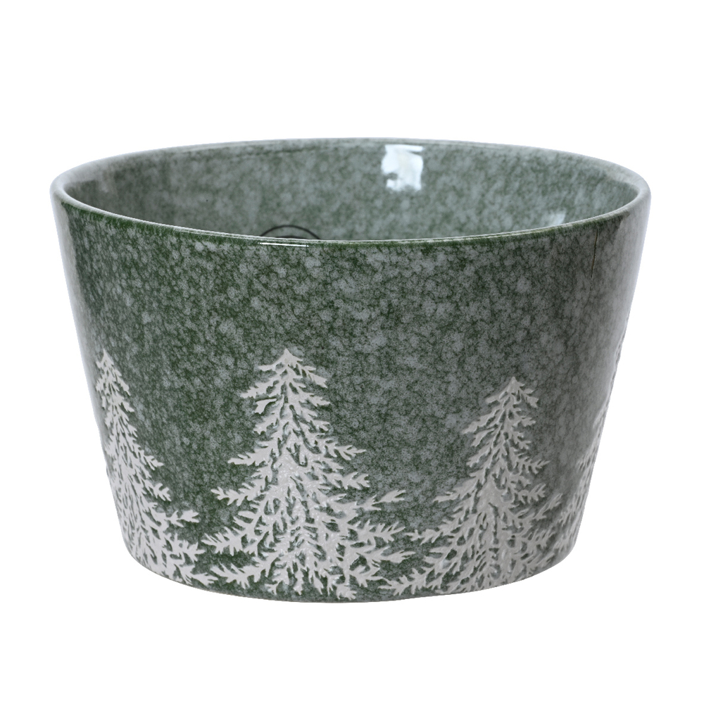 Bol en grès avec décors sapins, coloris vert - D.13xH.8cm
