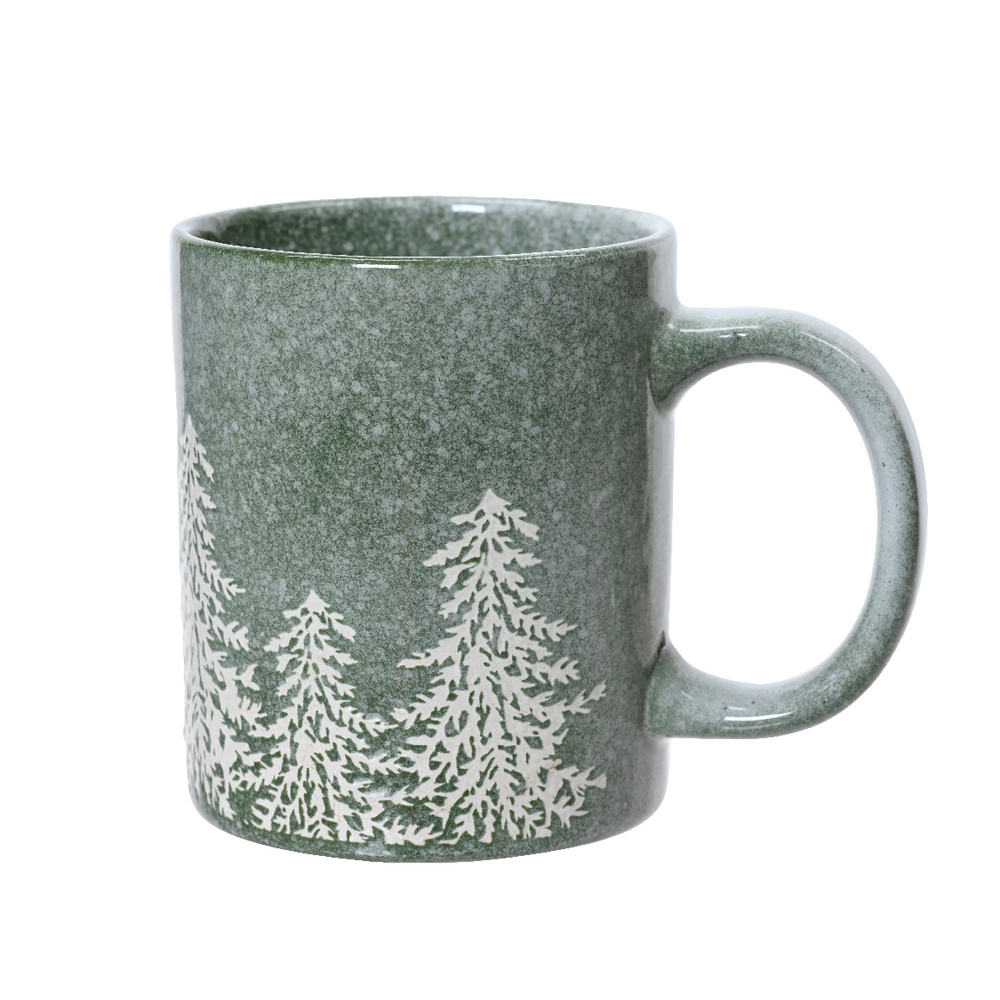 Mug en grès avec décors sapins, coloris vert - D.8xH.9,5cm
