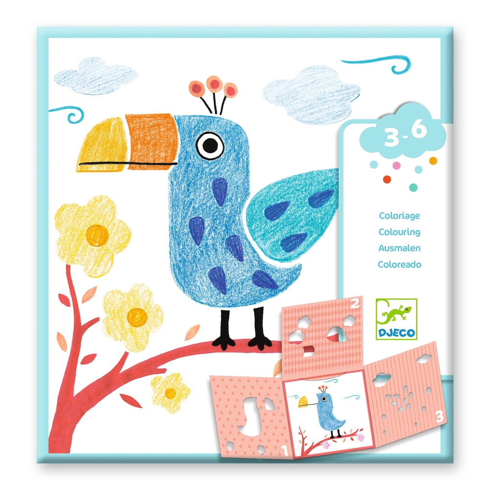 Jeu créatif enfant, 4 feuilles à colorier '3 pochoirs pour une image'