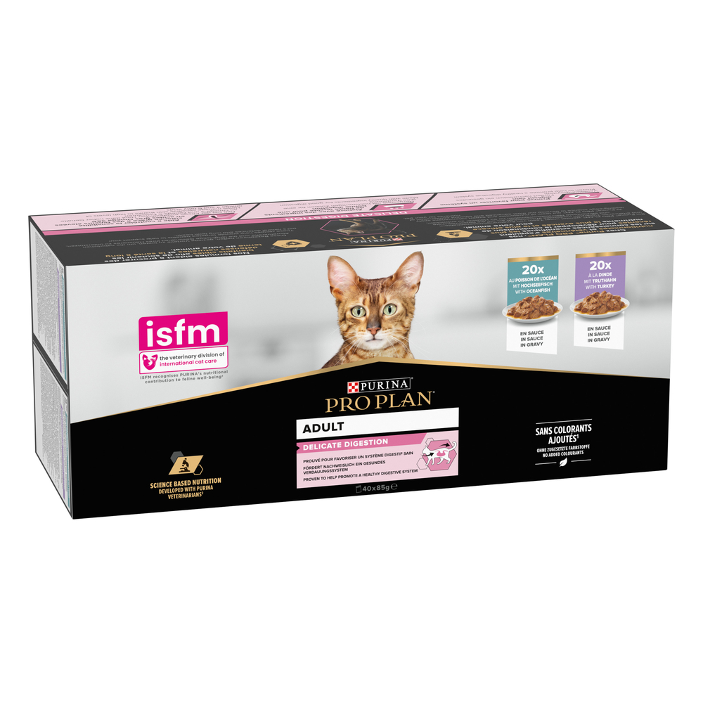Aliments pour chat à digestion délicate, dinde et poisson - 40x85g