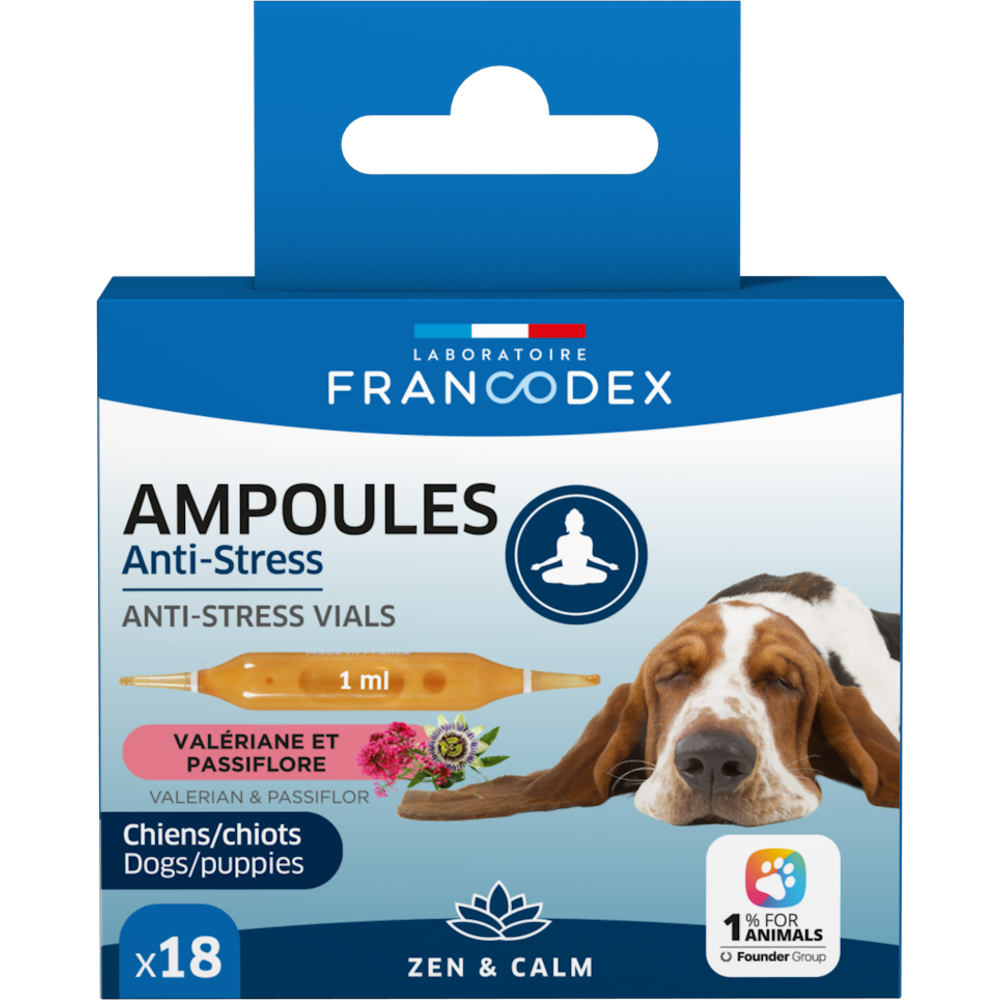 Ampoules anti-stress pour chien, valériane & passiflore - 18x1ml