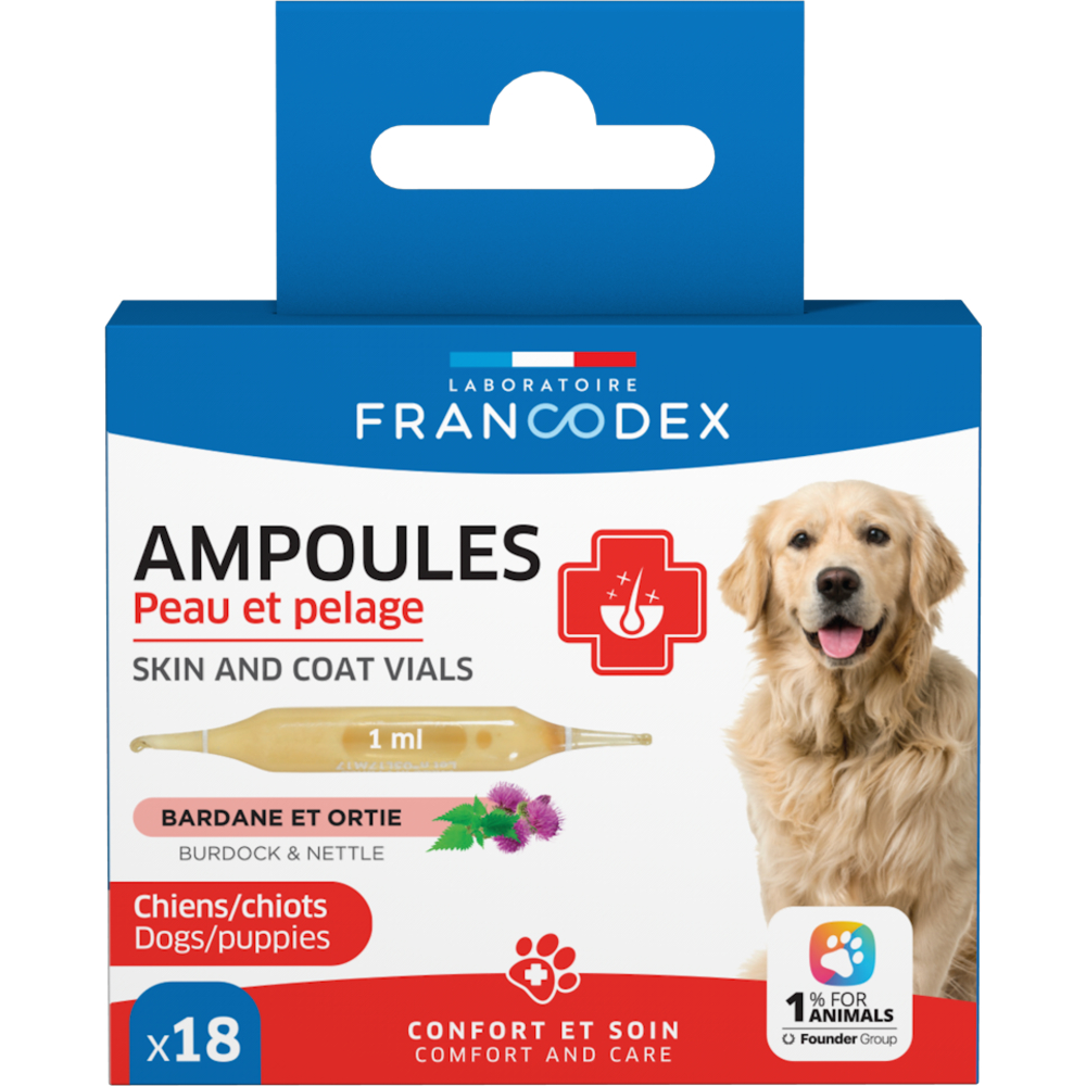 Ampoules peau & pelage pour chien, bardane et ortie - 18x1ml