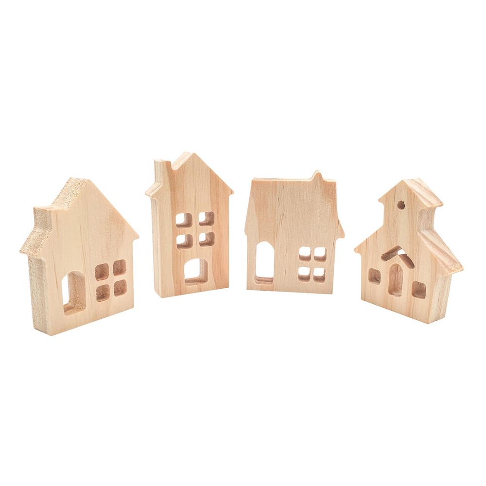 4 maisons à poser en bois, coloris naturel - 7 à 8cm