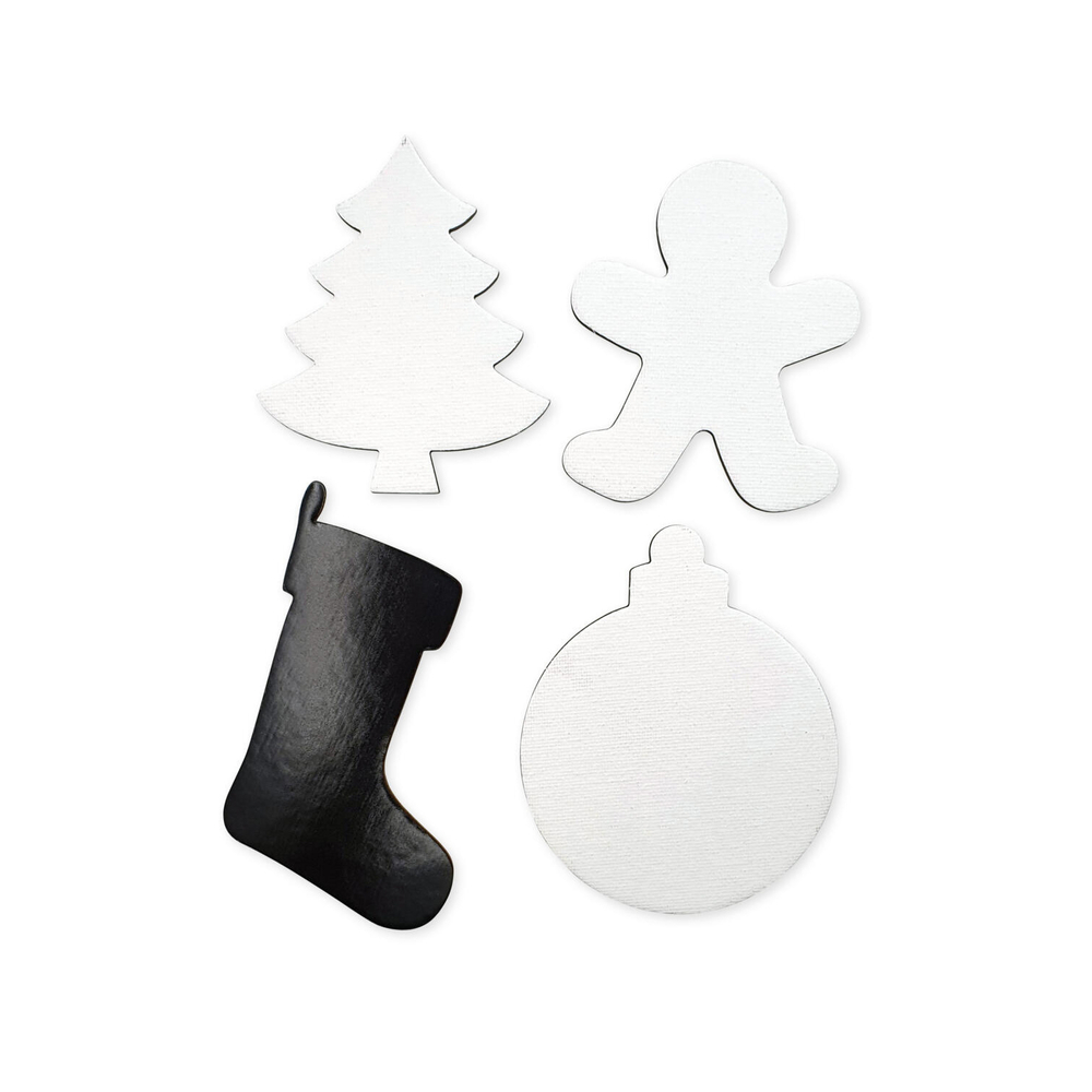 4 magnets de Noël en carton entoilé, coloris blanc/noir