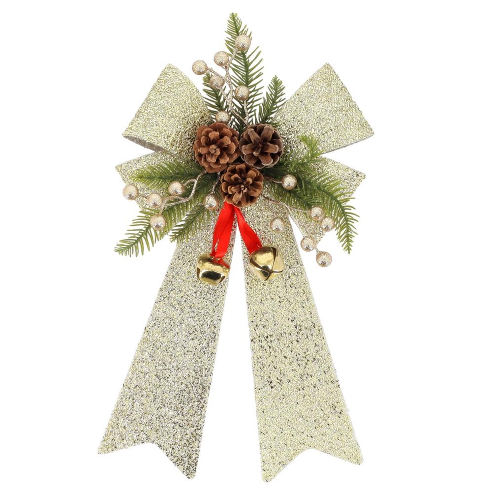 Nœud de Noël et pommes de pin pailletées, coloris crème - 26x41cm