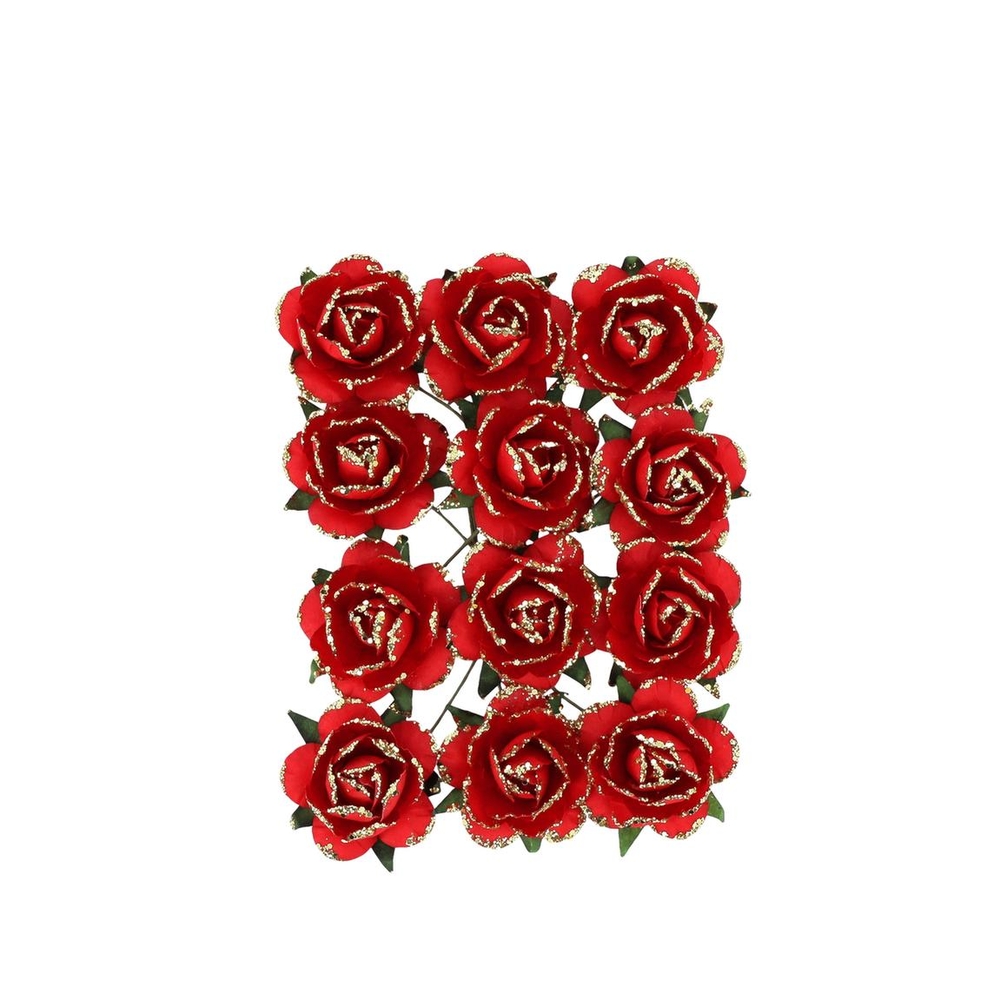12 roses en papier, coloris rouge/or