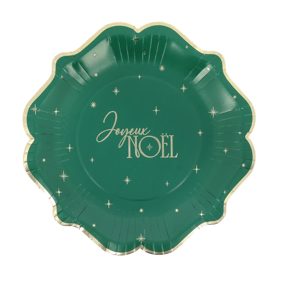 8 assiettes en carton : 'vintage christmas', coloris vert/or - D.23cm