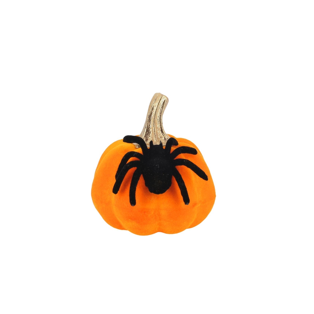 Citrouille avec son araignée en velours - coloris noir/orange - D6,5cm