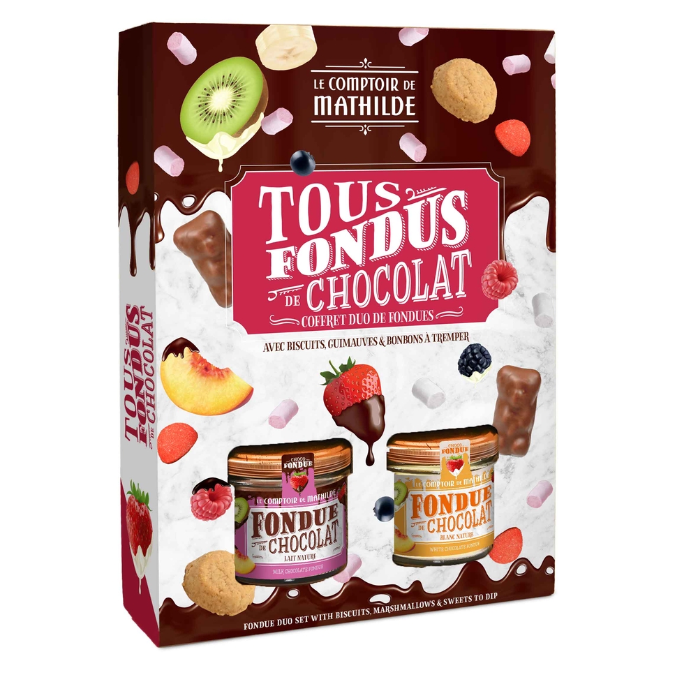 Coffret duo pour fondue, chocolats au lait et blanc - 390g