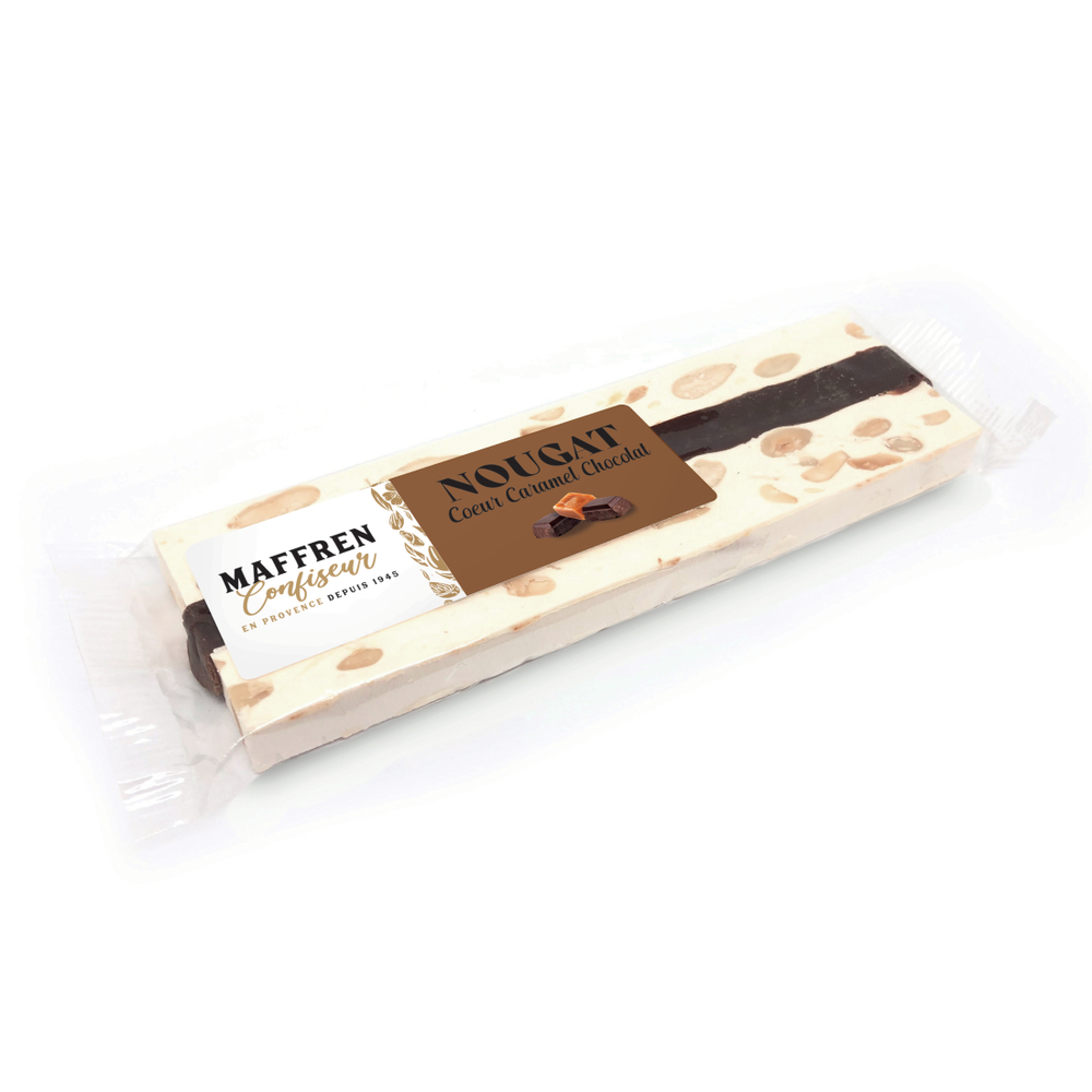 Nougat, cœur caramel et chocolat : barre 100g