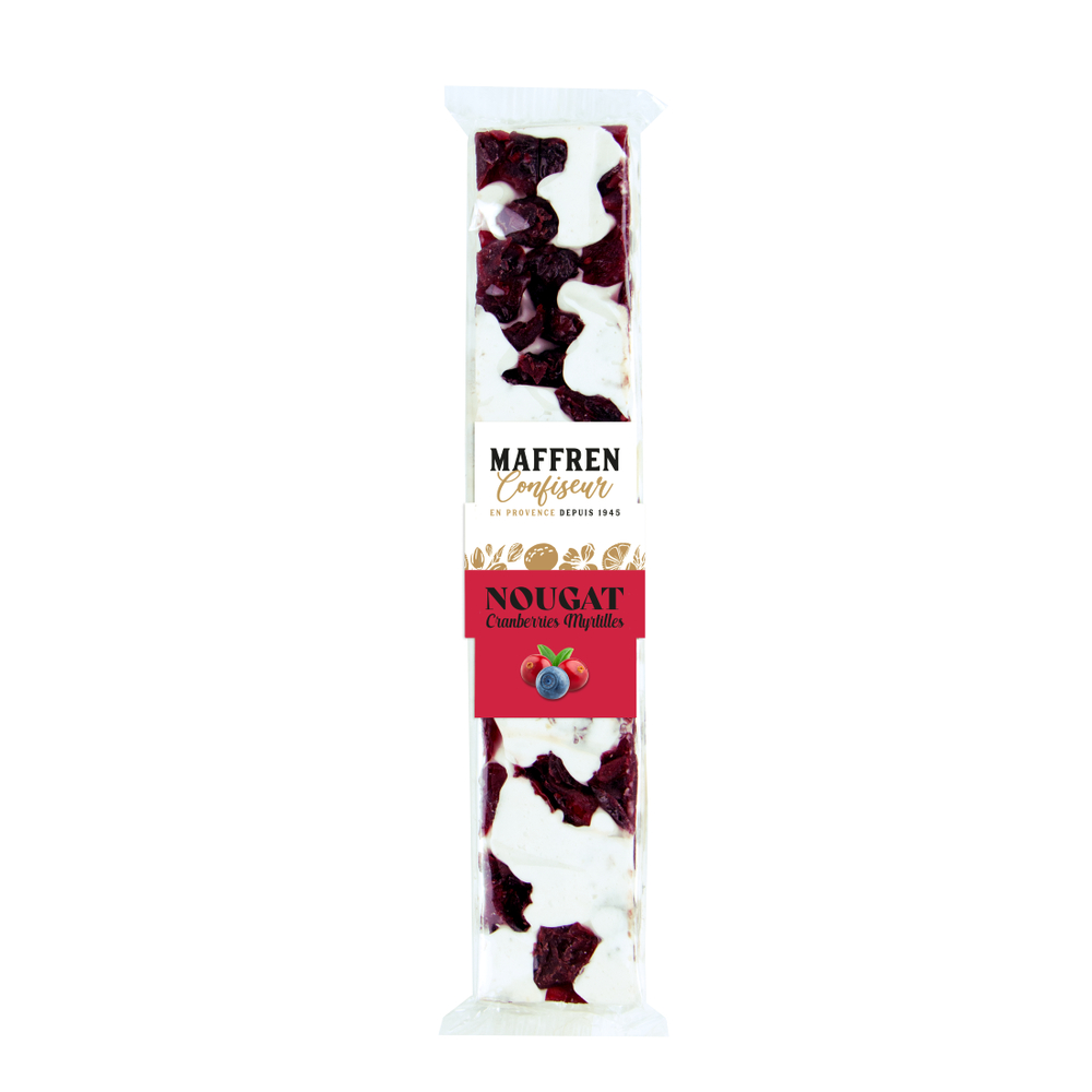 Nougat, cranberries myrtilles : barre 100g
