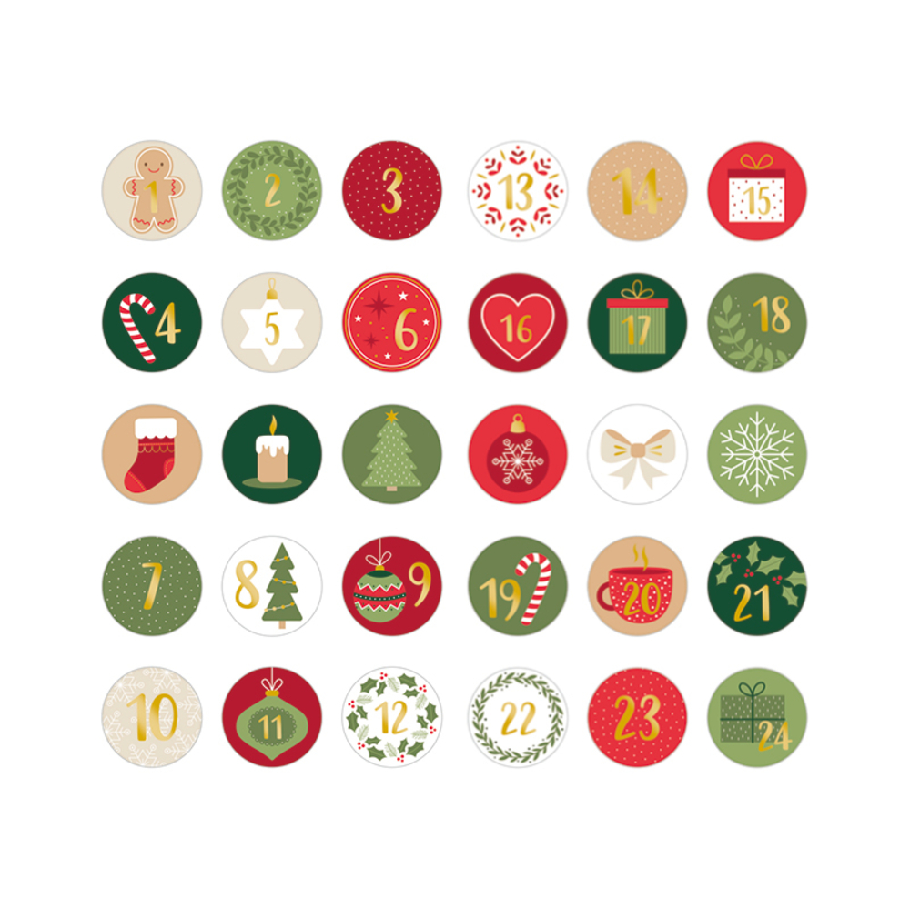 24 stickers ronds de Noël, effet foil argenté, coloris mixte - 5x5cm