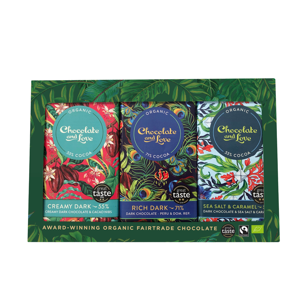 Coffret 3 tablettes, chocolat noir Fairtrade et caramel bio - 3x80g