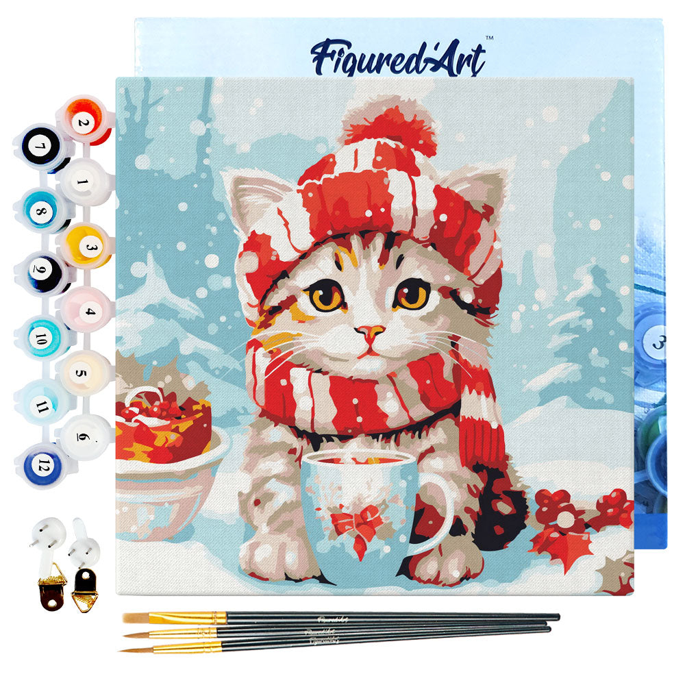 Mini kit de peinture par numéro 'Chat de Noël' - L.20xl.20cm