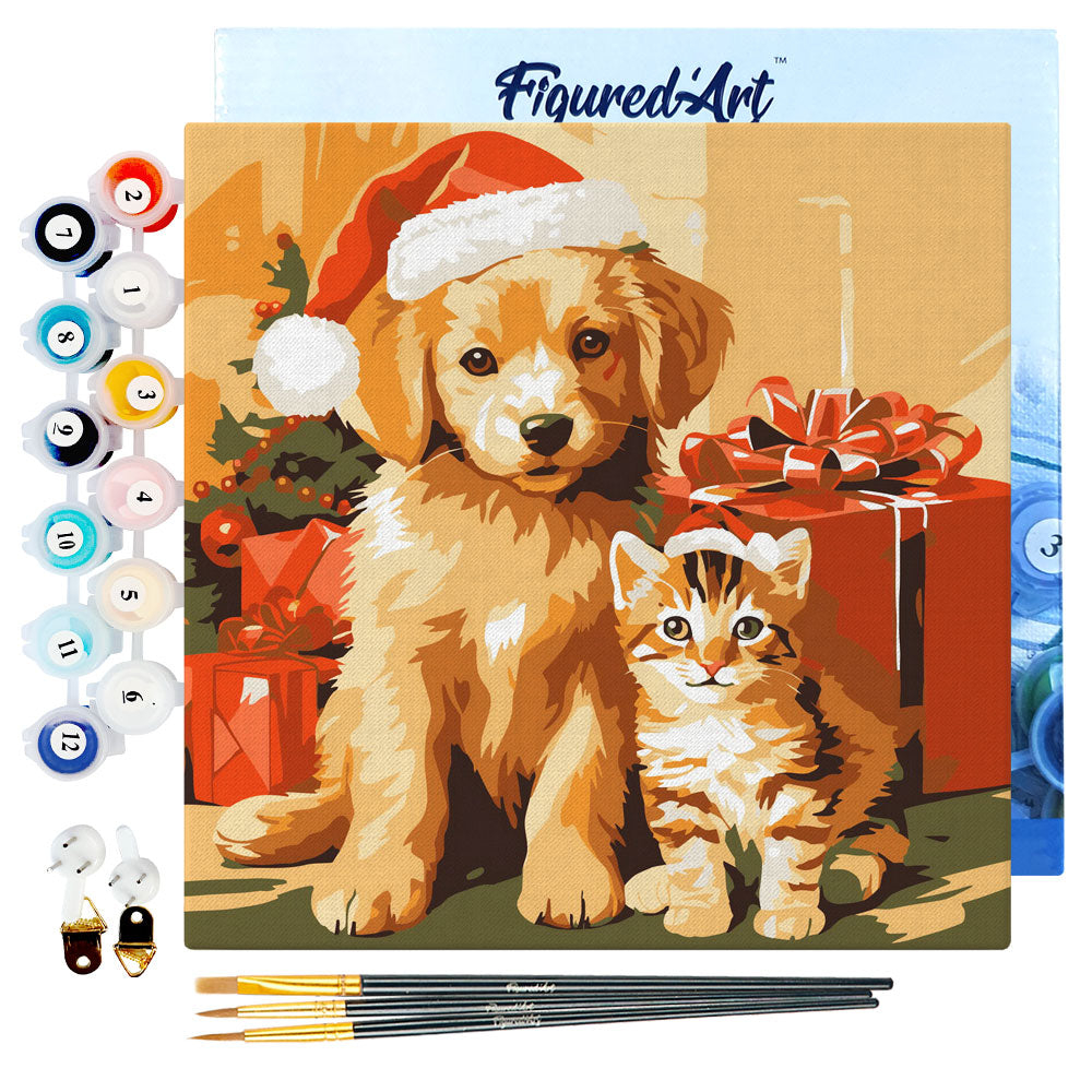 Mini kit de peinture par numéro 'Chien et chat à Noël' - L.20xl.20cm