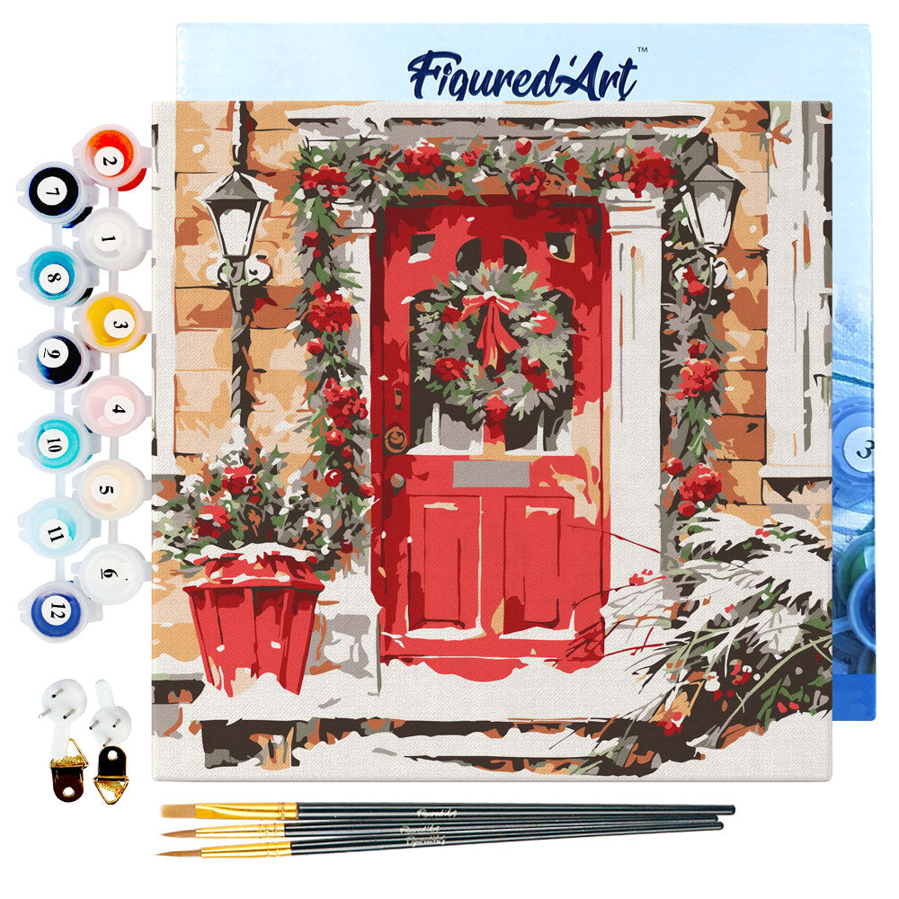 Mini kit de peinture par numéro de Noël, 'Porte rouge' - L.20xl.20cm