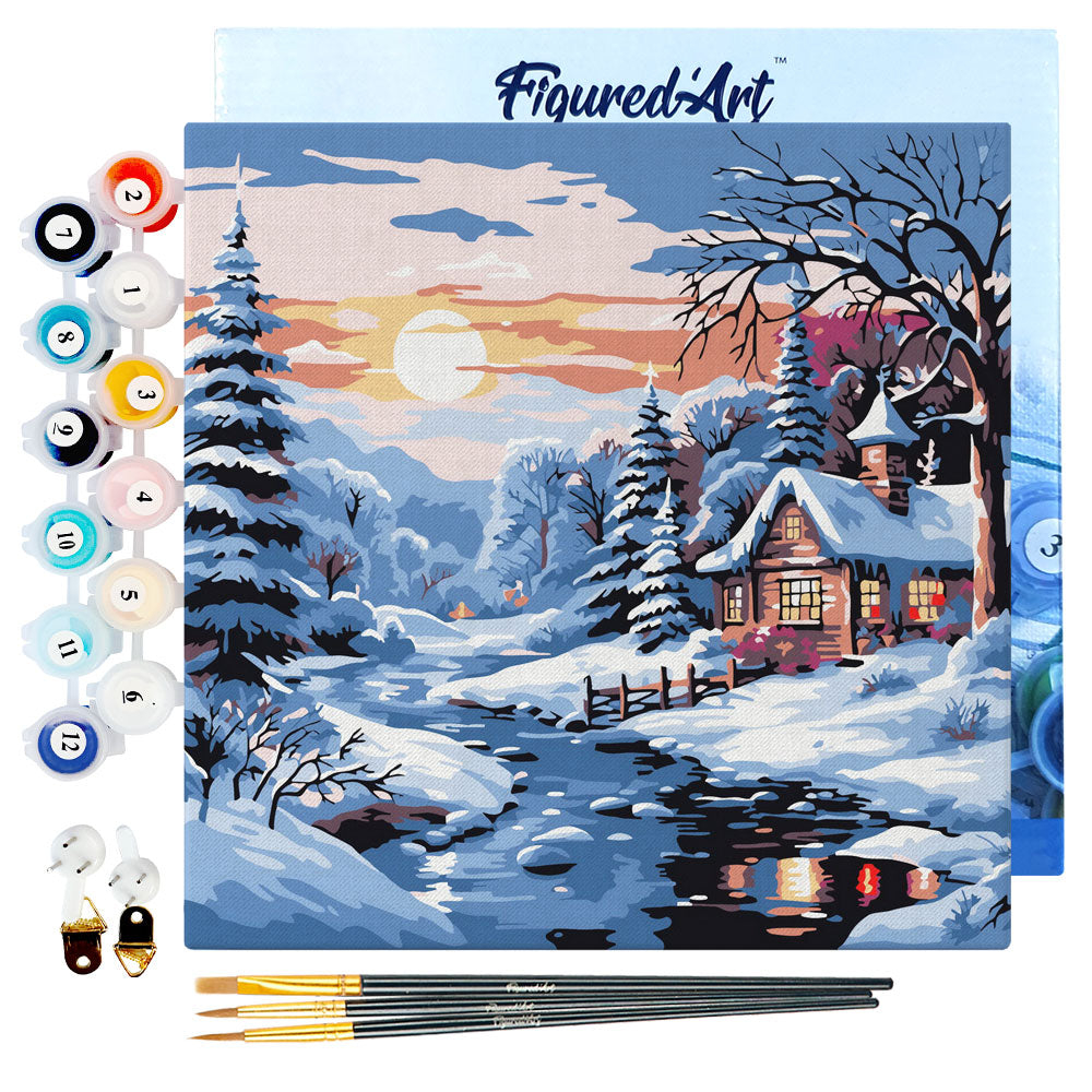 Mini kit peinture par numéro, 'Jolie chaumière à Noël' - L.20xl.20cm