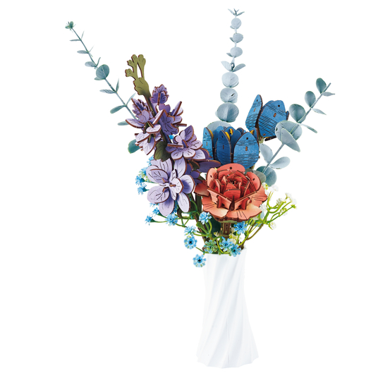Puzzle 3D en bois : petit bouquet, coloris bleu/violet - L.47xH.57cm