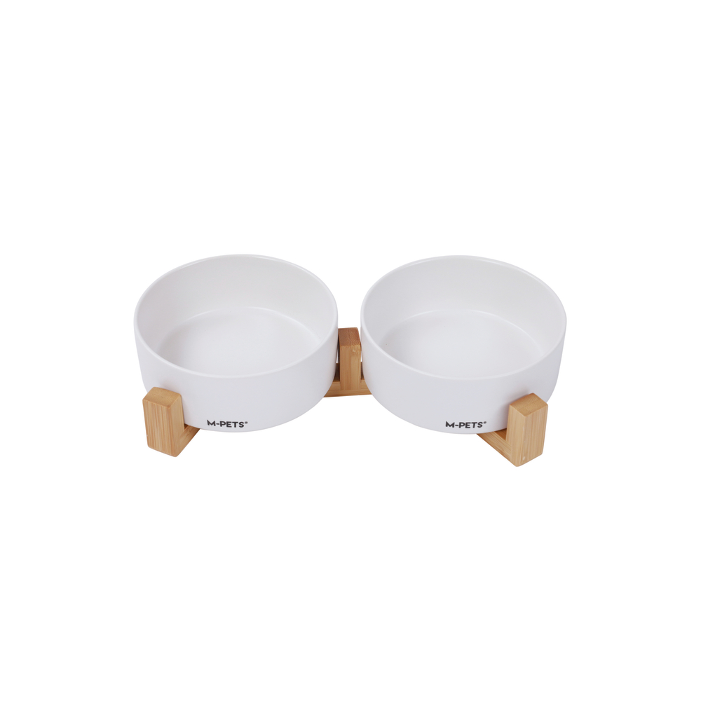 Bols Opéra chien et chat, céramique + support bambou, 2×350 ml blanc