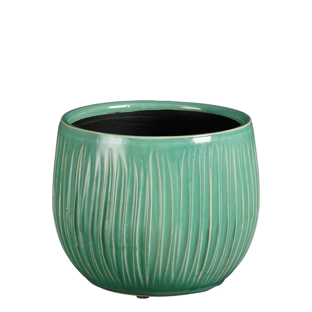 Cache-pot Pablo ribble en céramique, coloris turquoise - H.14xD.16cm