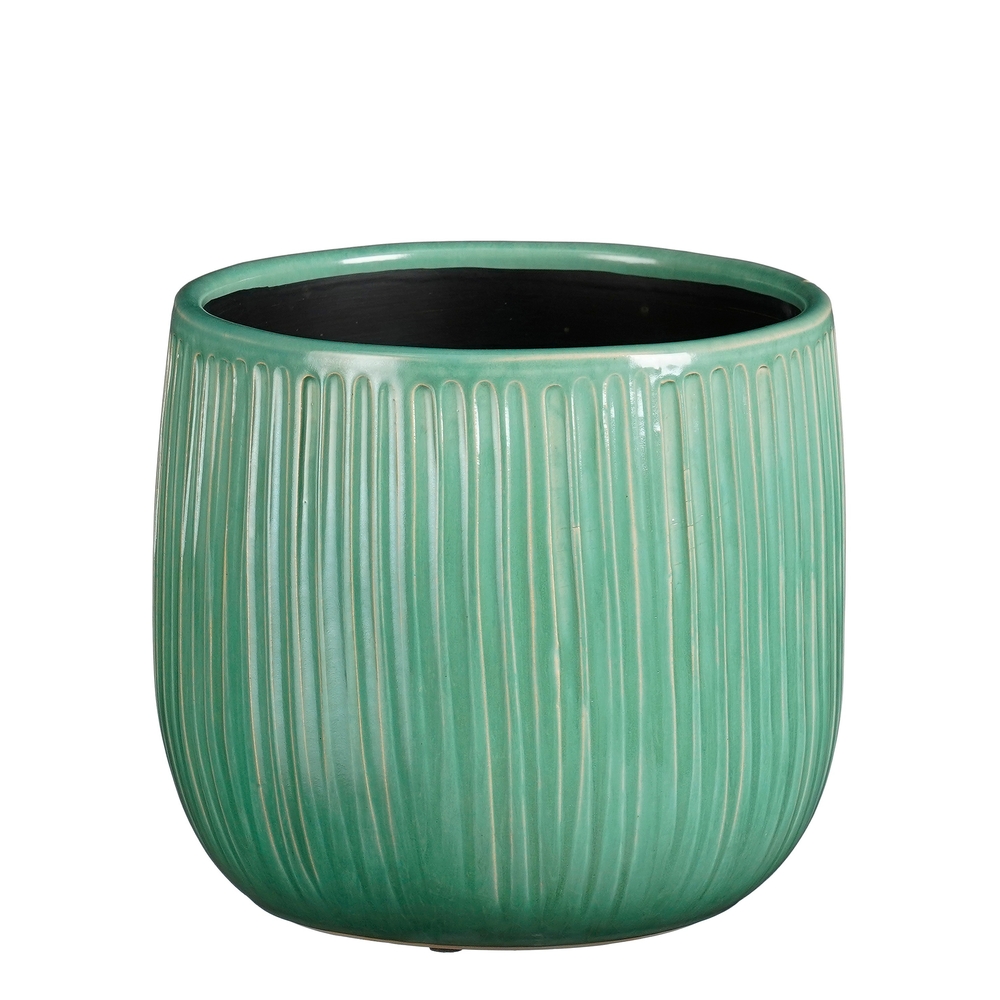 Cache-pot Pablo ribble en céramique, coloris turquoise - H.19xD.21cm