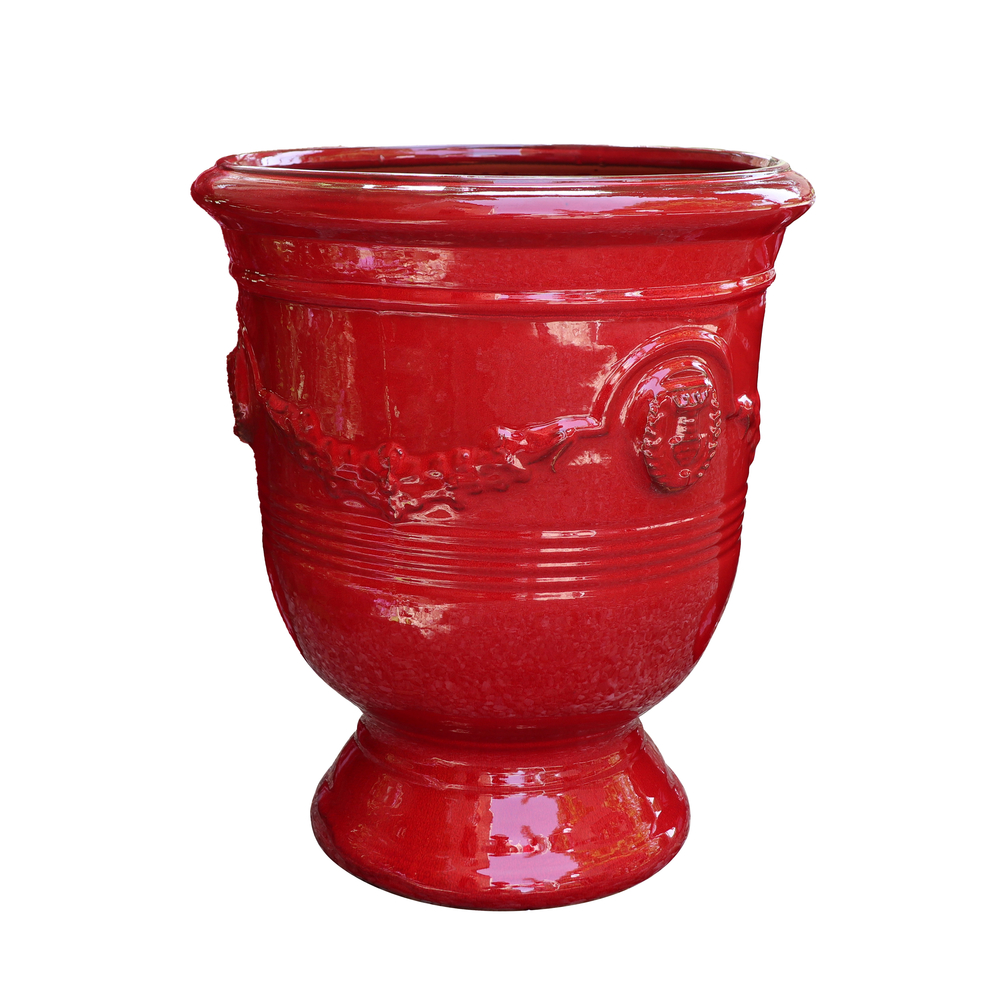 Pot sur pied, terre cuite émaillée, coloris coquelicot - D.50xH.55cm