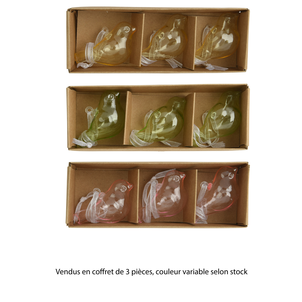 Lot de 3 oiseaux en verre, coloris variables - L.6cm