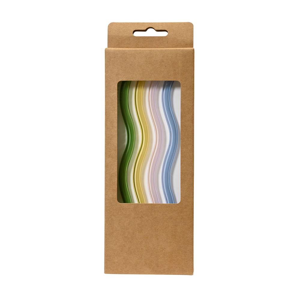 4 pailles en verre ondulé, coloris mixte - H.23cm