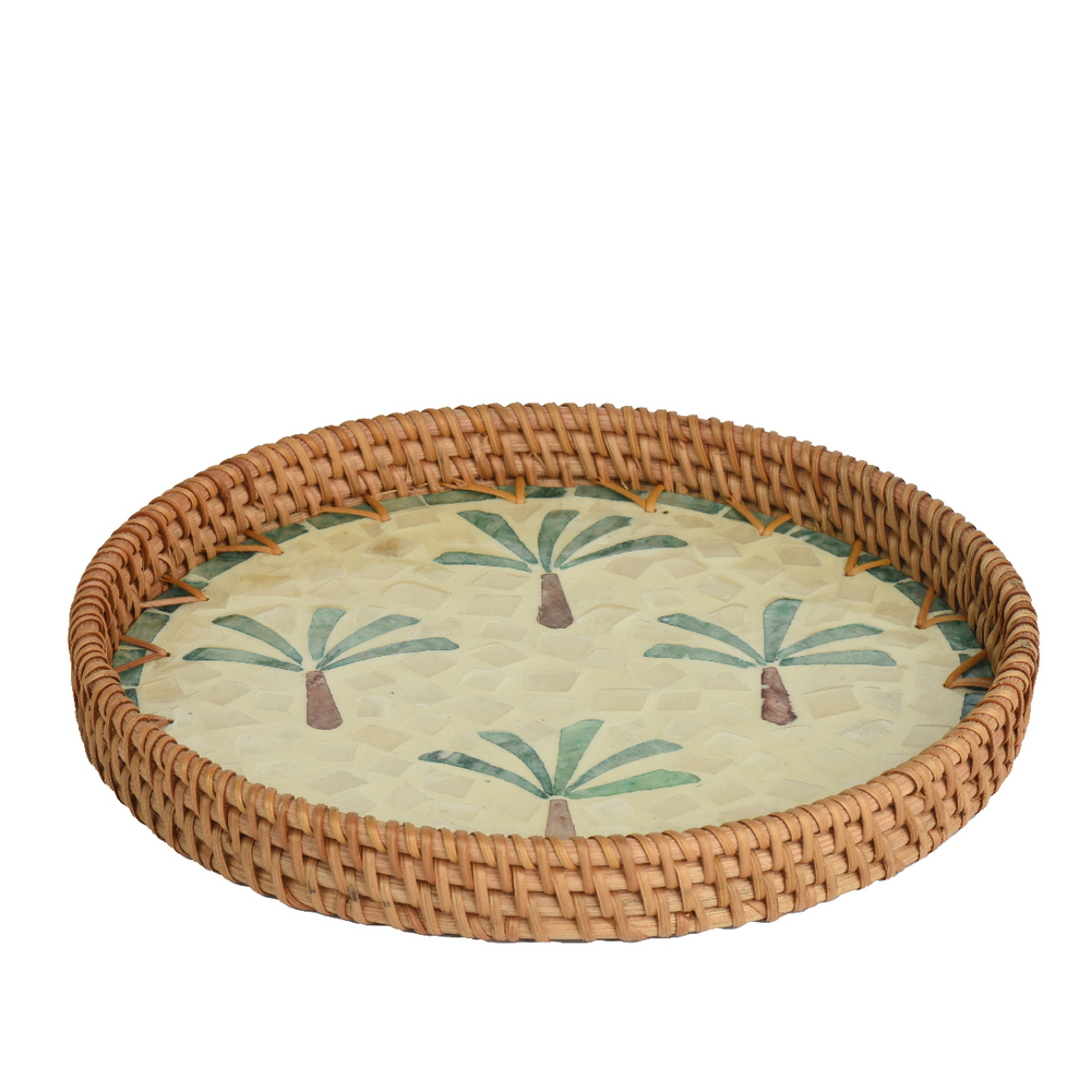 Plateau en rotin avec motifs palmier, coloris mixte - D.24cm
