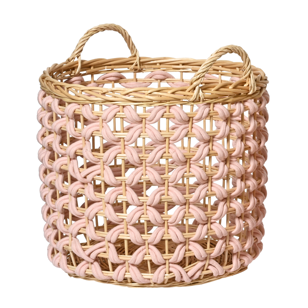 Panier en résine tressée, grand modèle, coloris rose/beige