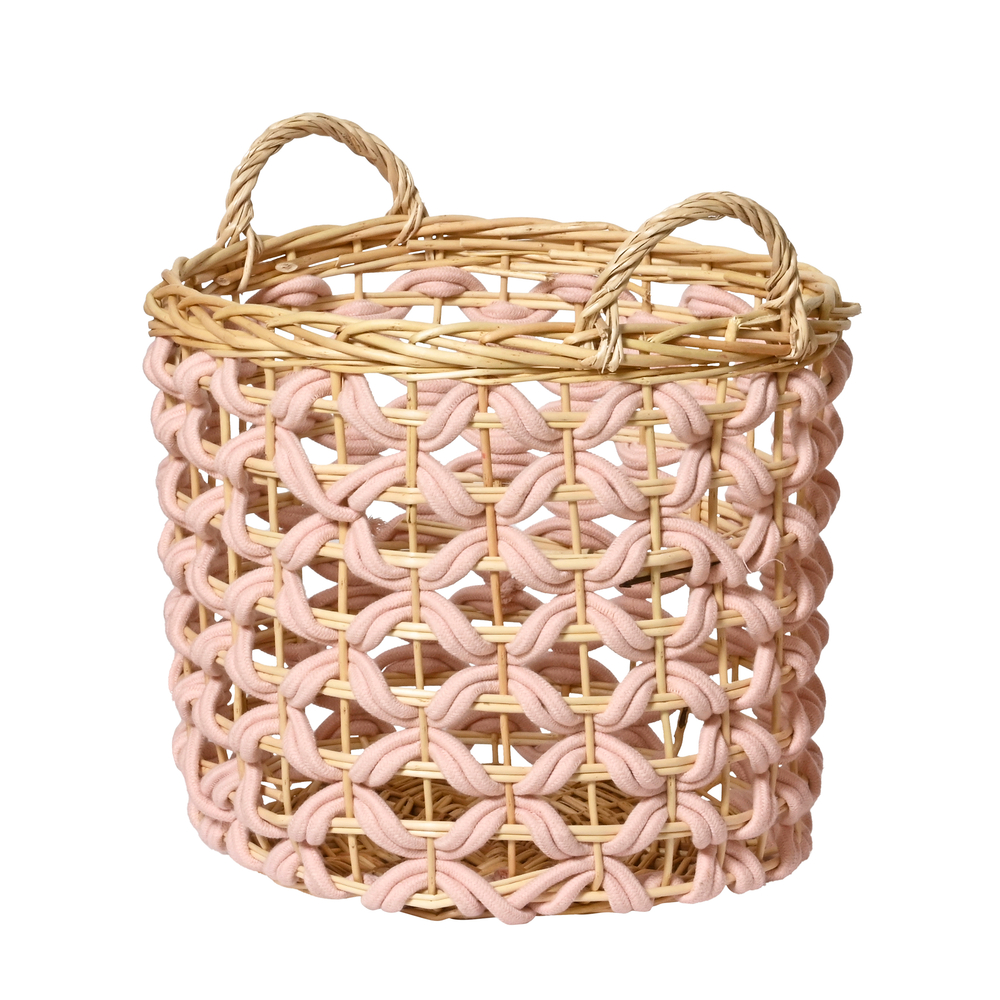 Panier en résine tressée, taille moyenne, coloris rose/beige