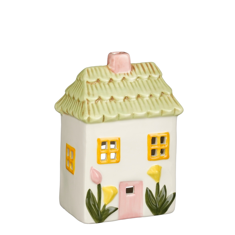 Maison photophore à fleurs, coloris vert - H.14,5cm