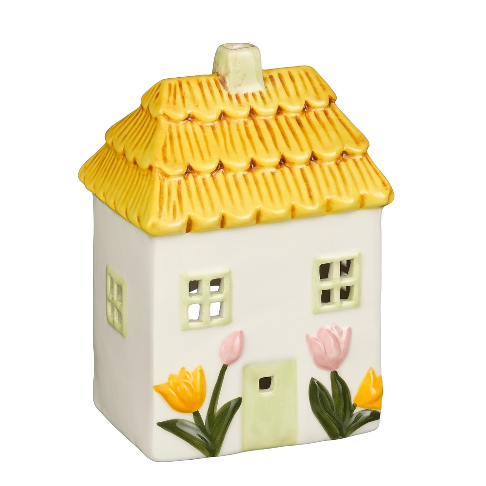 Maison photophore à fleurs, coloris jaune - H.17,5cm