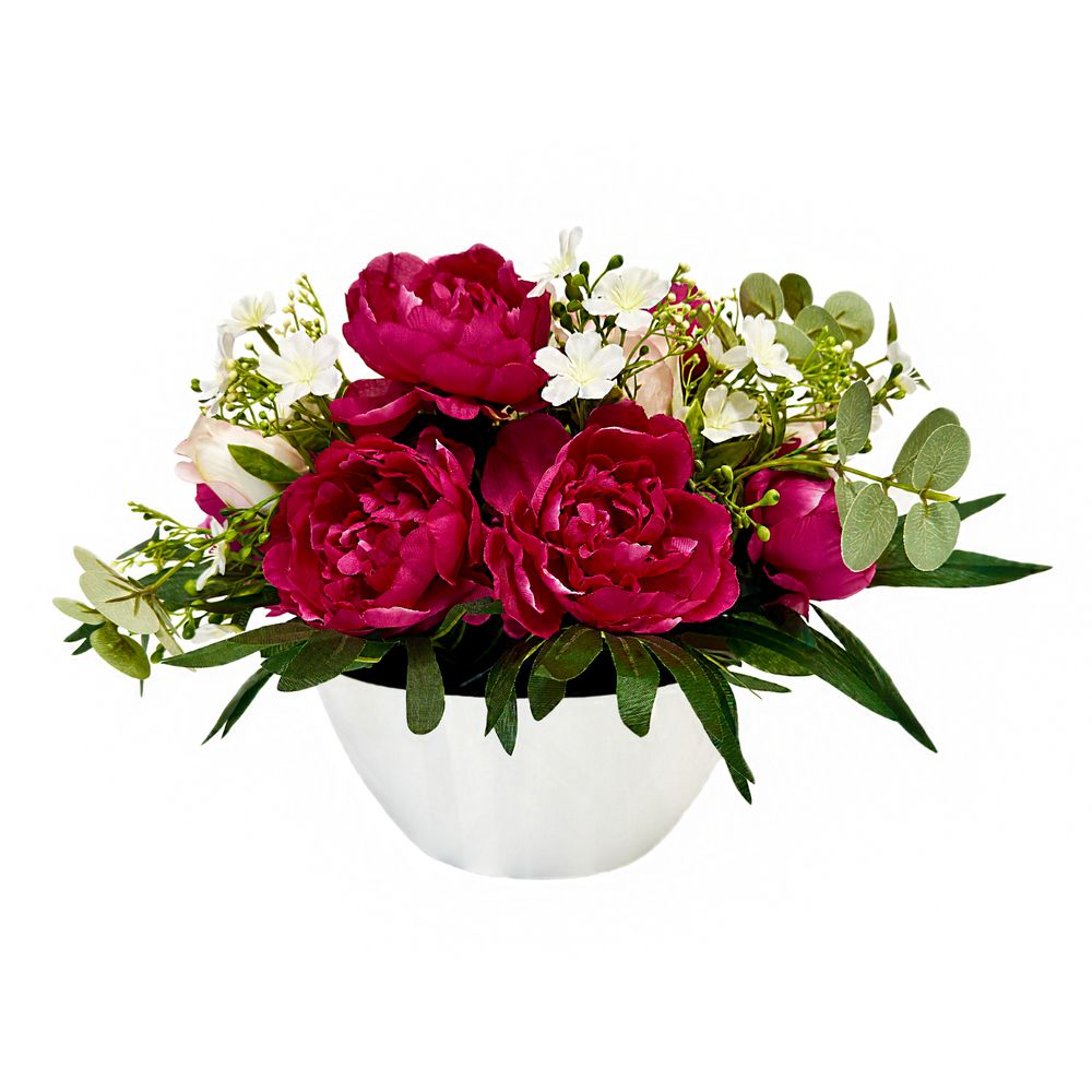 Composition florale artificielle, coloris rouge : coupe H.36xD.34cm