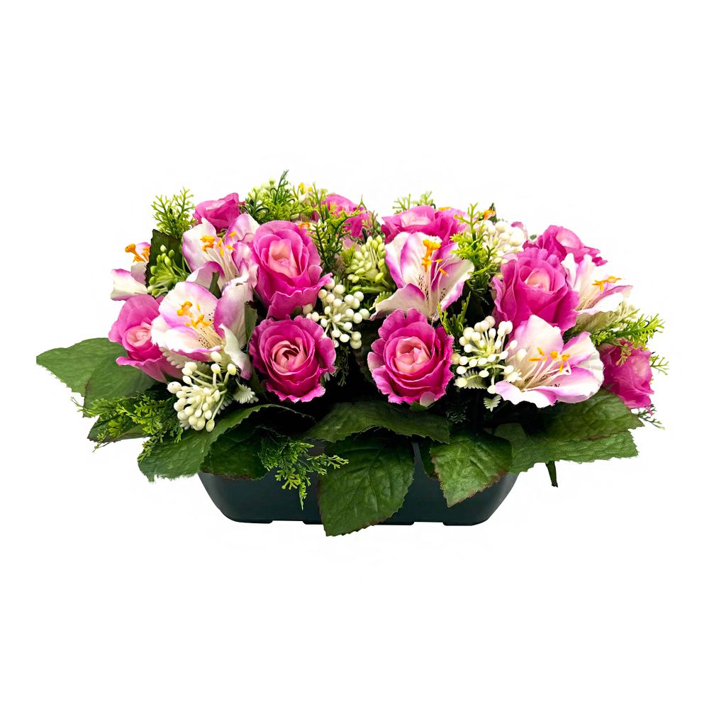 Composition florale artificielle, coloris rose : jardinière 46x19cm