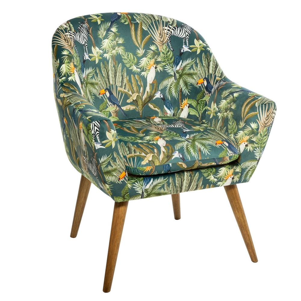 Fauteuil d'intérieur Sango en velours, imprimé jungle - L.70,5xH.83cm