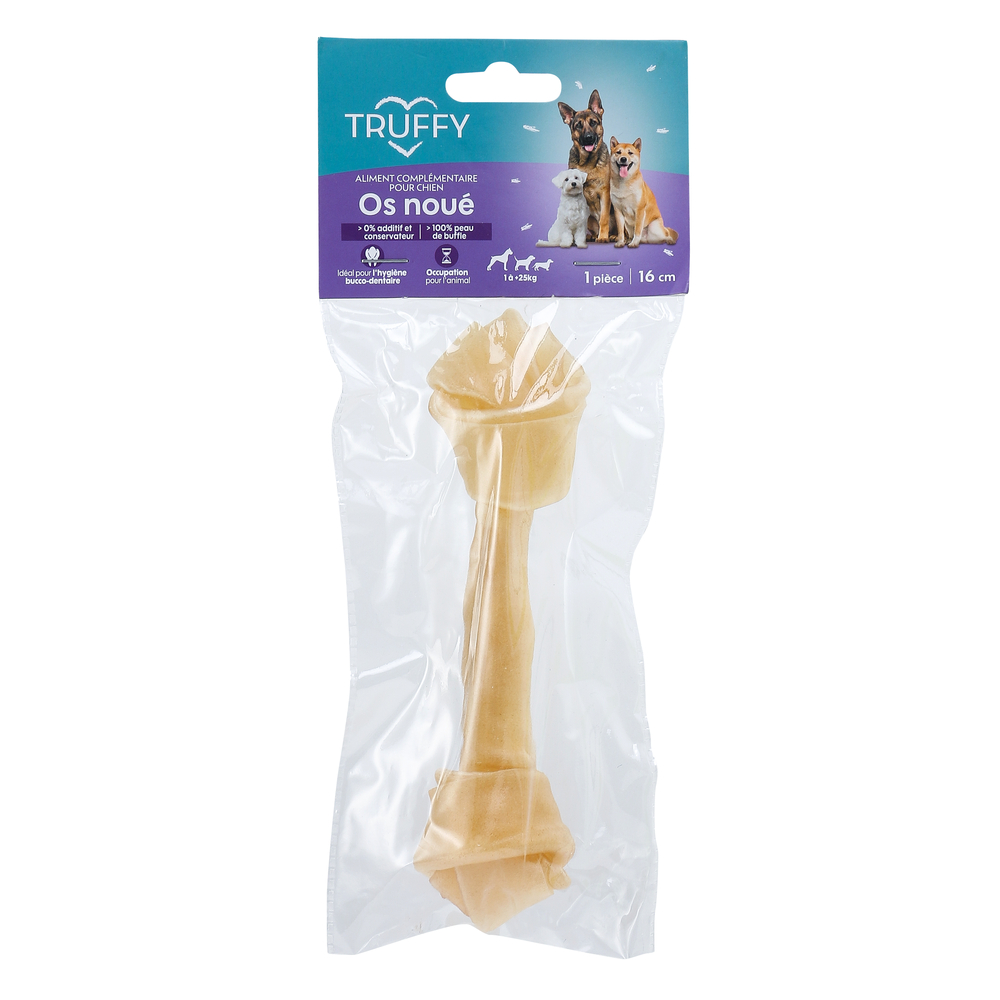 Friandise pour chien, os noué en peau de buffle 16cm