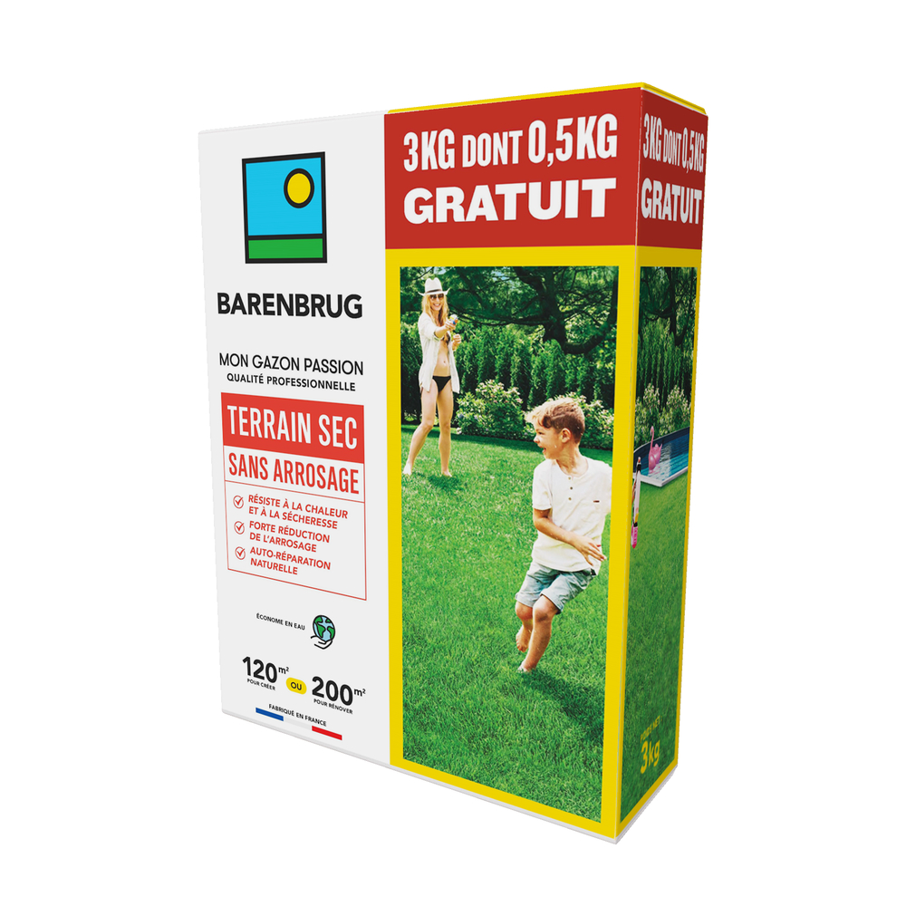 Gazon terrain sec sans arrosage - 3kg dont 0,5kg offert