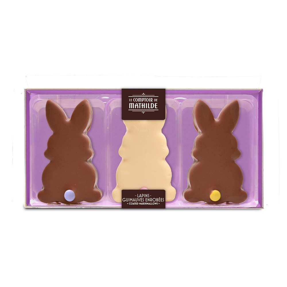 Coffret 3 lapins, guimauve enrobée chocolat blanc et au lait - 80g