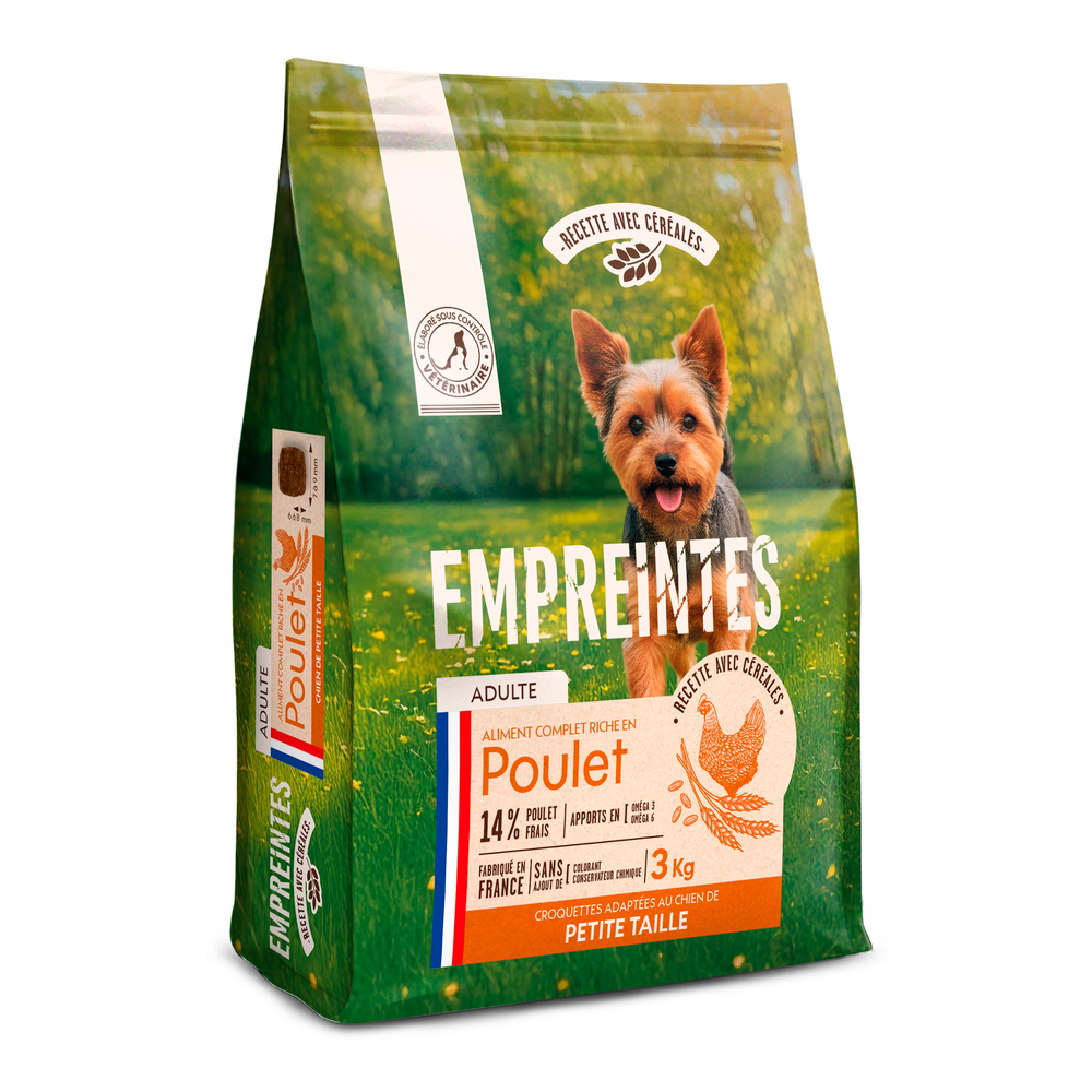Croquettes poulet céréales, chien adulte petite race 3kg