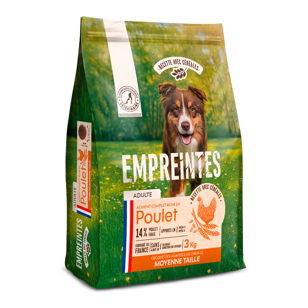 Croquettes poulet céréales, chien adulte race de moyenne taille 3kg