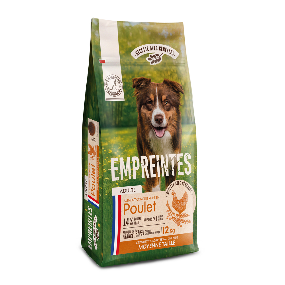 Croquettes poulet céréales, chien adulte race de moyenne taille 12kg