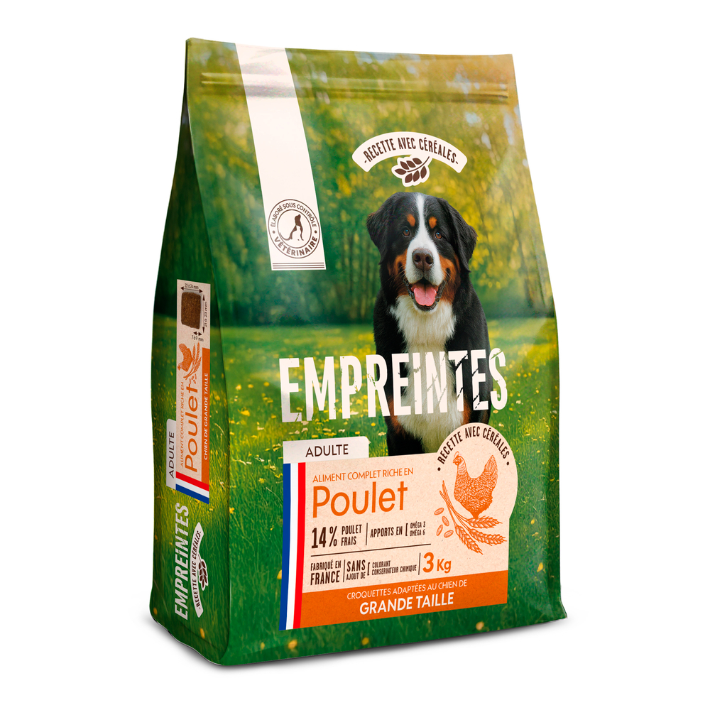 Croquettes poulet céréales, chien adulte race de grande taille 3kg
