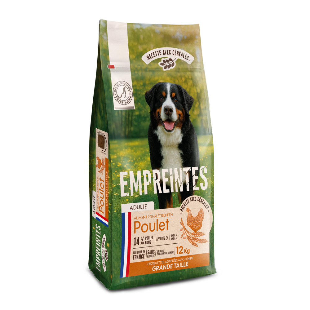 Croquettes poulet céréales, chien adulte race de grande taille 12kg