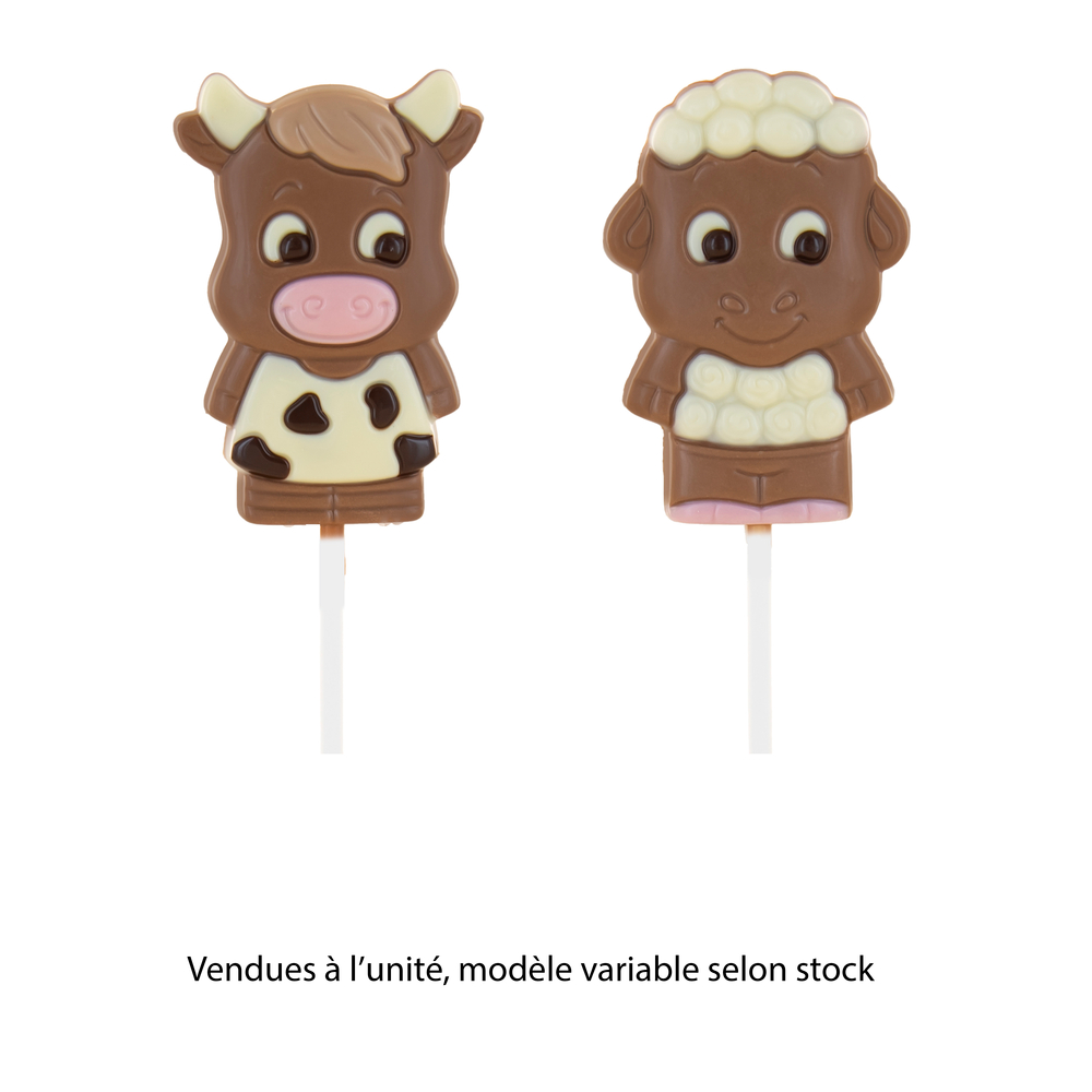 Sucette au chocolat au lait 'Animaux de la ferme', modèles variés- 25g