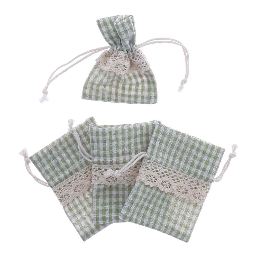 4 pochons vichy avec dentelle, coloris vert sauge/écru - L.17,5xl.11cm