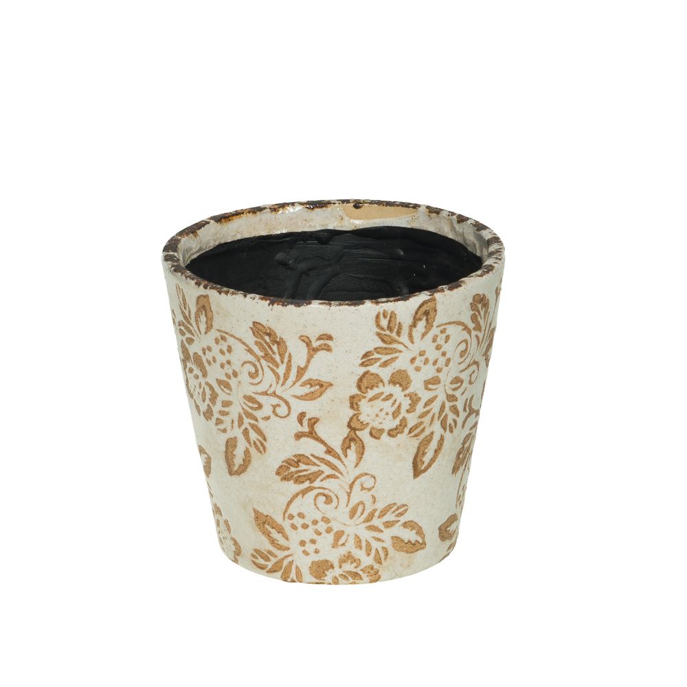 Cache-pot rond, motif fleurs - H.13,5cm