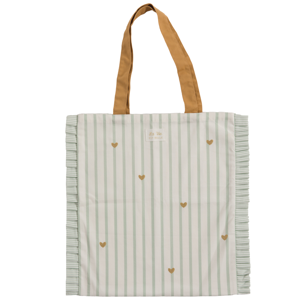 Tote bag Baya en coton 'La vie est belle', coloris vert clair - H.42cm