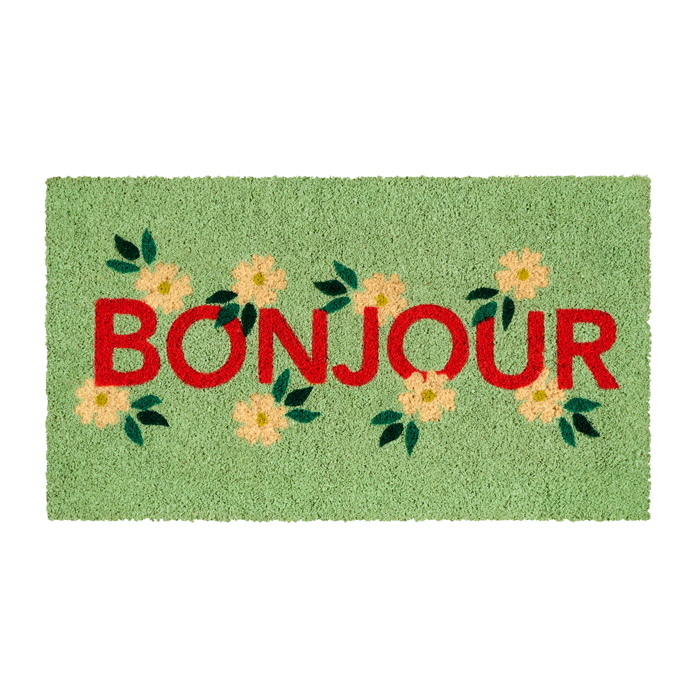 Paillasson 'Bonjour rouge fleurs', coloris vert - L.70xl.40cm